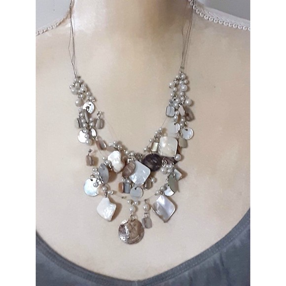 Delicate 3 strand floating faux pearl shells necklace beachy ocean 22" - Picture 2 of 3